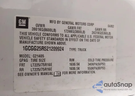 2002 Chevrolet Express z USA, uszkodzony, nr VIN 1GCGG25R521209924